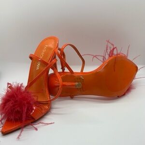 Fashion Nova Vibrant Orange Heels with Red Feather Touch